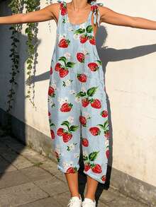Womenacute;S Spaghetti Strap Jumpsuit Stylish Retro Print Suspender Pants Sleeveless Summer Overalls - 藍色 - 查看 4