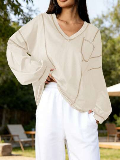 Spring Oversized Women's Casual Contrast Stitching Design Elastic Loose Long Sleeve V-Neck Sweatshirt, Suitable For Outdoor Leisure, Running, Daily Commute, Hiking, Sports Loose Top