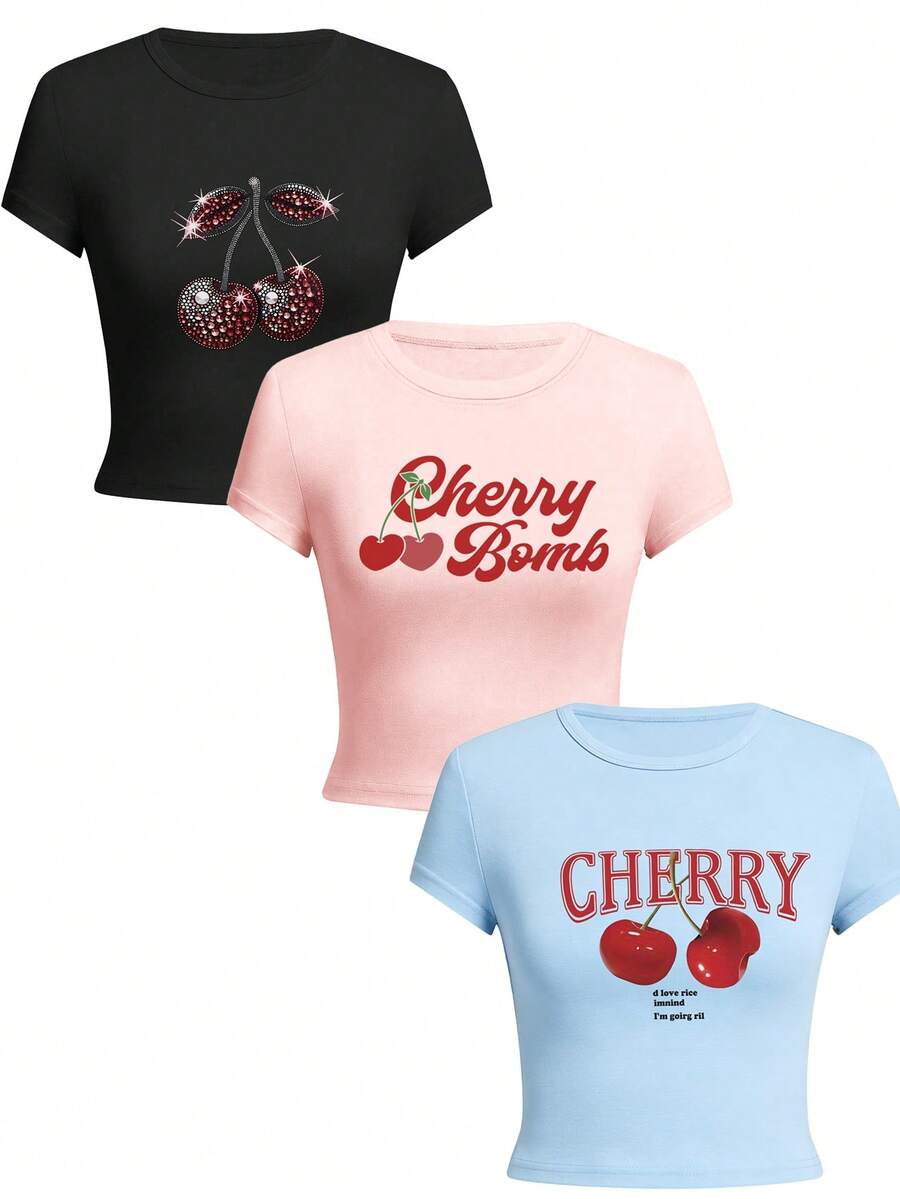 3件套夏季新款简约时尚女童樱桃水果组合印花Y2K休闲圆领短袖修身T恤，百搭女式上衣 - 黑色和粉紅色和藏藍 - 查看 1