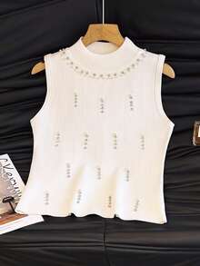 Women's Elegant Diamond Studded Fitted Knit Vest, Fashionable And Charming, Waist Cinching, Suitable For Spring/Summer - White - View 4