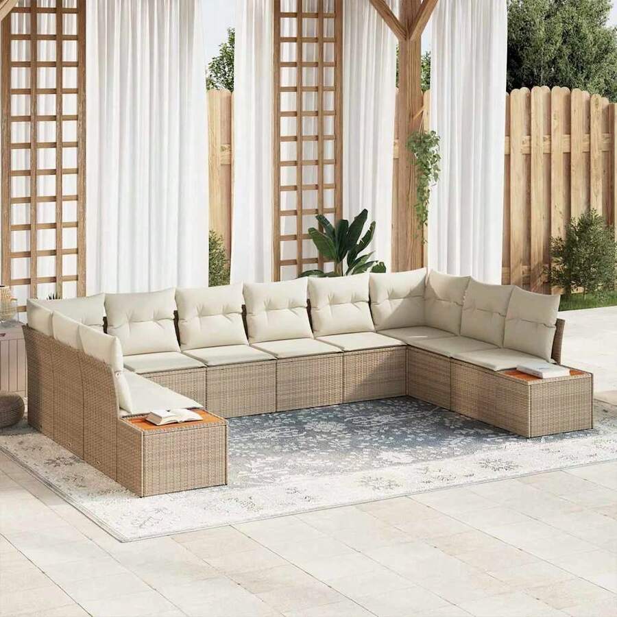 vidaXL 10-Teiliges Gartensofaset Mit Beigen Und Cremefarbenen Kissen, Polyrattan - Beige - Visualizzare 1