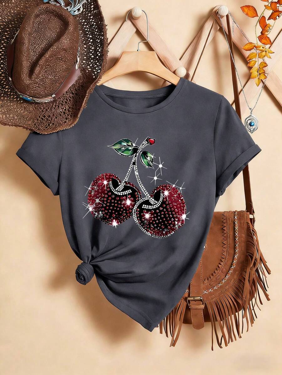 Cherry Print Round Neck Short Sleeve T-Shirt, Casual Children T-Shirt For Spring & Summer - Dark Grey - View 1