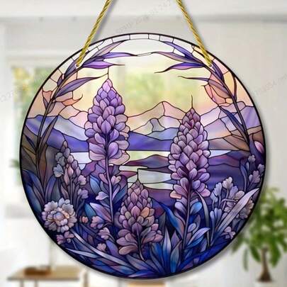 2D Round Acrylic Sign, Lavender Suncatcher, Stained Window Hanging, Easter Hanging Ornament, Wreath Center, Home Gift, Window Decor, Porch Decor, Multicolor Suncatcher For Window, Wall Decor, Room Decor, Home Decor Prod Ucts No Power Required