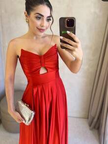 Women's Long Butterfly Dress, Strapless, Trilobal Fabric With Built-In Bra Cups | Party, Bridesmaid, Wedding, Graduation, Debutante | Adjustable Back, Sexy And Elegant, Party, Cutout/Cut, Asymmetrical Knot, Formal And Evening - 紅陶 - 查看 2