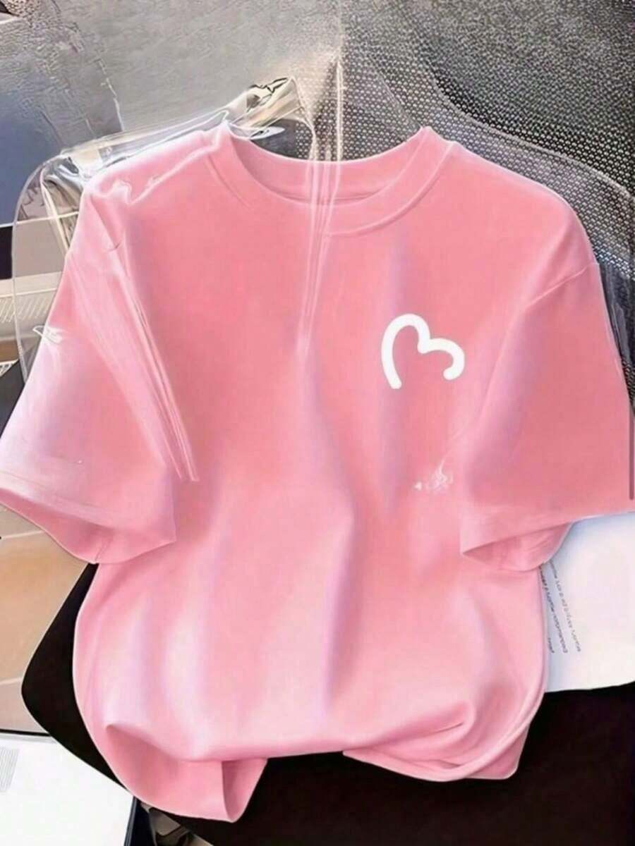 Women's T-Shirt With Heart Print, 100% Cotton, Premium Knit, Short Sleeve, Round Neck - 淺粉色 - 查看 1