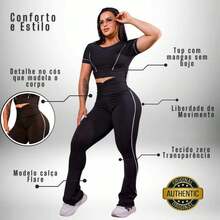Conjunto Academia Feminino Top e Calça Legging Flare Bailarina Cintura Alta Suplex Roupa de Academia - Preto - Visão 6