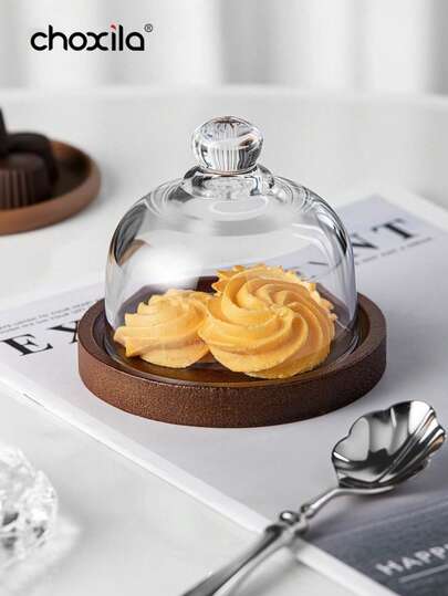 choxila 1 pieza Bandeja de postre de madera con tapa de vidrio. Se puede usar como soporte para pasteles, bandeja pequeña, plato de servir y fuente para pasteles. Ideal para el té de la tarde, también adecuado para el dormitorio, la sala de estar, el hotel y el camping. También es una excelente opción para regalos festivos y otros suministros para fiestas en el hogar.