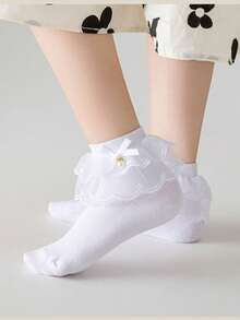 1 Pair Cotton Girls' Large Lace Pearl Bow Dance Socks, Elegant Princess Style Mesh Short Socks For Party Outfit - White - View 5