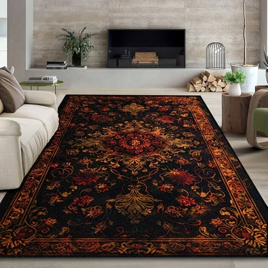 Black And Red Persian Pattern Carpet, Decorative Mat, Living Room Rug, New Year Outdoor Essential, Carpet, Christmas Gift, Hallway Rug