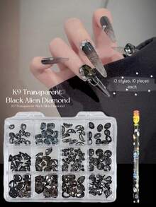 KIRAME 120pcs Gray Pointed Bottom Rhinestones, K9 Glass Diamonds In Mixed Shapes & Sizes 6-14mm, Nail Art Decoration Set With 1 Dotting Pen, Suitable For DIY Nails, Nail Salons, Nail Supplies, Christmas, New Year, Valentine's Day, Holiday Gifts Nail Gems - Grey - View 3