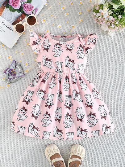 女婴连衣裙，可爱休闲新款卡通猫咪图案荷叶袖连衣裙，适合夏季日常及户外穿着