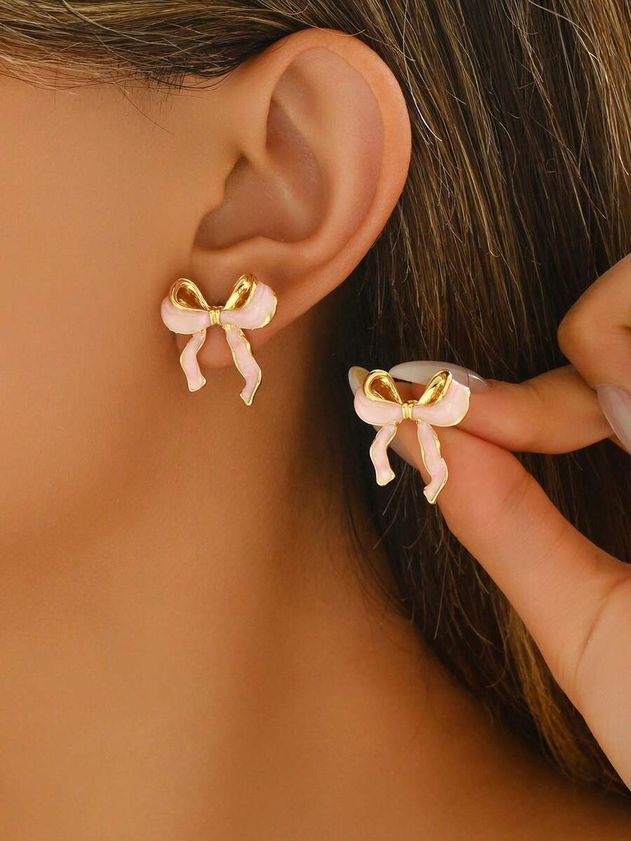 1 par de pendientes elegantes con lazo esmaltado, pendientes clásicos exquisitos y soñadores para mujeres [textura aleatoria] - corbata de moño - Ver 1