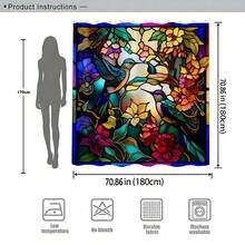 Colorful Artistic Print Waterproof Mildew-Resistant Weighted Bottom Shower Curtain, No Drilling Required, Painted Glass Style Hummingbird & Floral Pattern, Comfortable Bathroom Space - Red and Blue - View 3