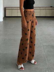 女士复古波点宽松中腰休闲牛仔裤，弹力牛仔裤，时尚百搭街头风 - 棕色 - 查看 10