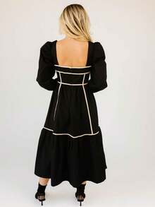 Women's Casual Long-Sleeved Square-Neck Backless Mid-Length Dress - Black - View 6