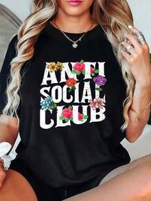 2026 Anti Social Club Print Crew Neck T-Shirt, Women Graphic T Shirts, Casual Short Sleeve T-Shirt For All Seasons, Women'S Clothing    Round Neck Short Sleeve Knit Polyester Tee, Fashionable ForDaily Wear- Loose 100% Cotton T-Shirt - Black - View 6