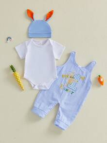 Conjunto de 3 piezas para bebé niño, primer atuendo de Pascua, mono liso de manga corta, pantalones a rayas/cuadros y gorro con orejas de conejo, primavera - Blanco - Ver 6