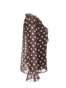 Women's Polka Dot Twist Ruffle Hem Long Sleeve Blouse Spring Vacation - Coffee Brown - View 4