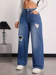 High Quality Casual Distressed Pocket Design Wide Leg Jeans - 藍色 - 查看 9