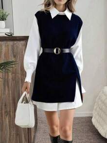 2-Piece Set: Spring Lantern Sleeve Vest And Loose Knit Vest With Front Opening - màu đen - Xem 1