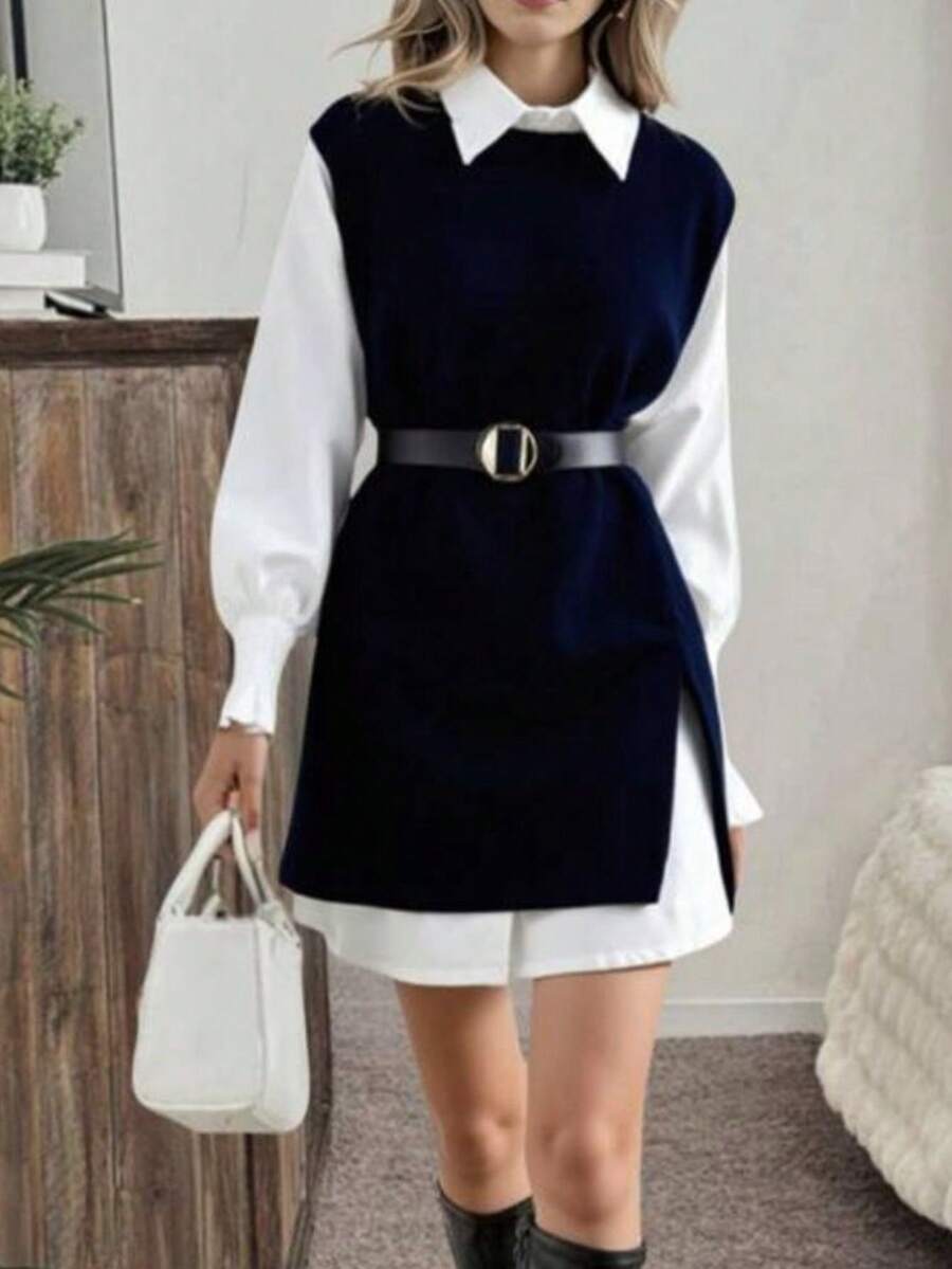 2-Piece Set: Spring Lantern Sleeve Vest And Loose Knit Vest With Front Opening - màu đen - Xem 1