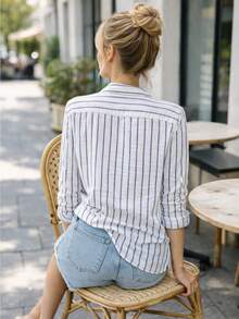 Linen Button-Down Shirt, Beach Cover-Up, Long Sleeves, Striped, Polyester, Button-Down, Vacation, Diary, Travel, Summer. - 白色和海軍藍 - 查看 2