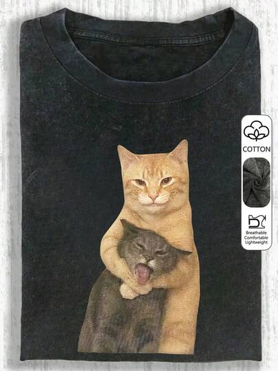 趣味猫咪印花短袖T恤，独特小批量设计女式上衣，水洗棉T恤，休闲女装，雪花图案面料，常规版型舒适圆领休闲上衣，复古做旧T恤，常规版型女装，春夏服装