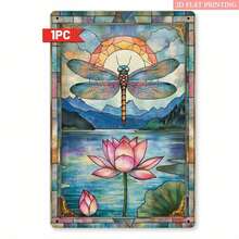 2D Flat, 1pc Dragonfly & For Lotus Metal Wall Art - 8x12 Inch Iron Nature-Inspired Decor With Vibrant Stained Glass Effect, Mountain & Water Reflection Design For Garden, Patio, Home - Thoughtful Gift For Nature Lovers, Dragonfly Wall Decor, Vivid Color Print, 2D Flat, Perfect For Room Decor - White - View 8