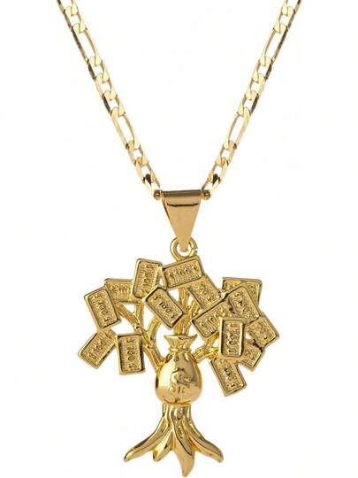 Yipima 18K Gold Plated 100 Dollar Bill Tree Pendant Necklace For Women Men Money Tree Pendant 3mm Flat Figaro Chain Necklace 18/22 Inches