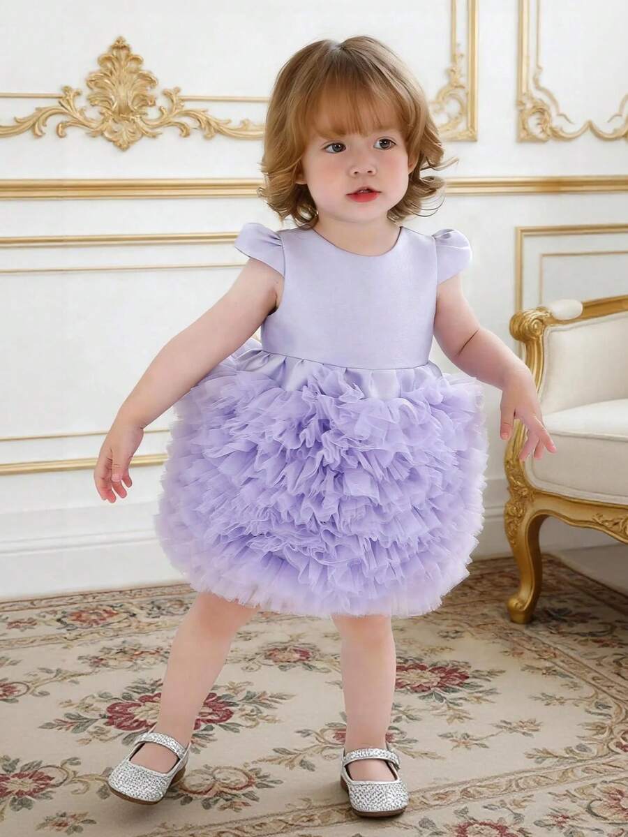 Baby Girls' Elegant Party Dress With Bow, Tulle, Light Purple, Princess Cake Dress, Baby's 1st Birthday Party, Wedding, Ceremony, Holiday Celebration - Purple - View 1