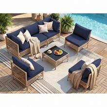 7-Piece Patio Furniture Set, Outdoor Wicker Conversation Set Sectional Sofa With Waterproof Thick Cushions & Coffee Table, For Backyard, Poolside, Garden, Porch, Yellow/Beige - Vàng/Xanh lam - Xem 4