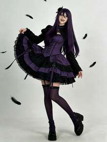 蓬松自然波浪侧刘海长假发，深紫色高温纤维女士假发，弹性轻盈，耐热，适合角色扮演和节日佩戴，引人注目。 - 紫色 - 查看 5