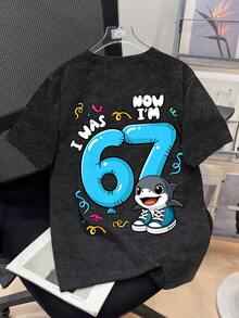 Serie de camisetas de manga corta y cuello redondo con estampado casual para niños, con el número "67" y estampado de tiburón, adecuado para el uso de estudiantes en verano - Camiseta de color natural, adecuada para todo joven explorador, camiseta gráfica para niños - Negro - Ver 2