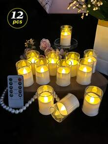 12/24-Piece Pack Of Transparent LED Teacup Candles With Remote Control Timer, Made Of Acrylic, Battery Powered, Suitable For Valentine's Day, Weddings, Home Decorations, And Party Decorations (Batteries Included). - trắng - Xem 1