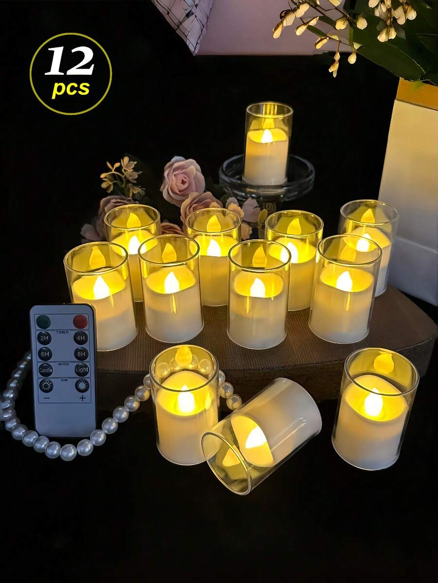12/24-Piece Pack Of Transparent LED Teacup Candles With Remote Control Timer, Made Of Acrylic, Battery Powered, Suitable For Valentine's Day, Weddings, Home Decorations, And Party Decorations (Batteries Included). - trắng - Xem 1