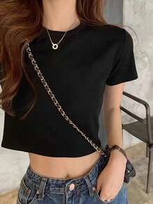 Women's All-Match Black Crop Top, Minimalist Versatile Y2K Streetwear, Fitted Waist Sexy Casual Beach Daily Wear - Black - View 5