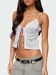 Women Tie Front Split Cami Tank Top Y2K Dots Print Lace Trim Spaghetti Strap V Neck Slim Fit Camisole Crop Tops Sexy Backless Sleeveless Low Cut Vests Shirts Summer Going Out Tops Streetwear - 白色 - 查看 3