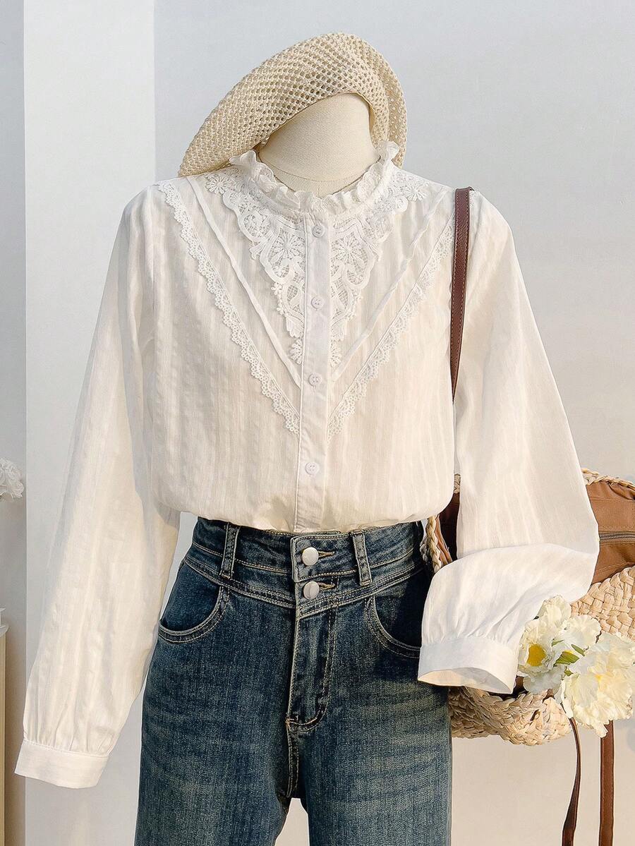 ii Women's White Lace Trim Mandarin Collar Long Sleeve Blouse Spring