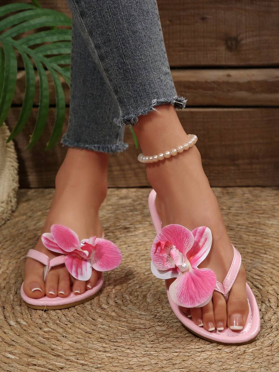 Giày sandal nữ mùa hè mới, họa tiết hoa lan, kiểu dáng tối giản, thanh thoát, gợi cảm, đa năng, thích hợp cho kỳ nghỉ biển, màu hồng.