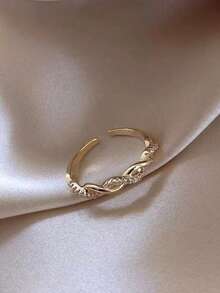 1枚时尚奢华铜合金交叉编织水钻开口戒指，适合年轻女孩日常及节日佩戴 - 金色 - 查看 4