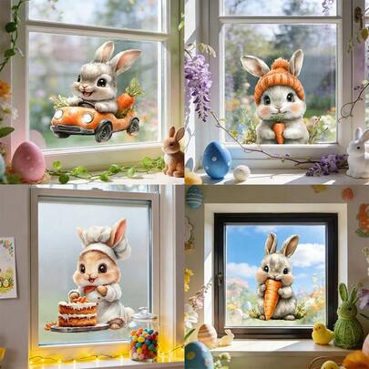 1/4pcsAdorable Bunny Eating Carrot Window Sticker, Reusable PVC Electrostatic Adsorption, Suitable For Kitchen, Dessert Shop, And Living Room Decoration, Easter Gift, And Spring Home Furnishings.