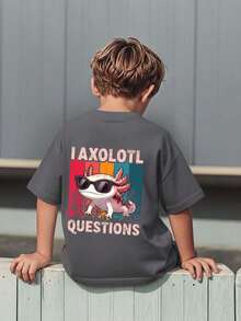 男童休闲印花圆领短袖T恤，夏季上衣 - 深灰色 - 查看 4