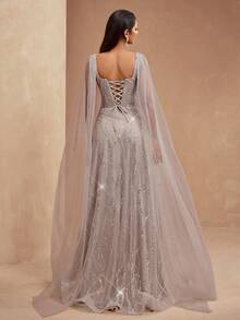 Đầm dạ hội cao cấp AMILUCK mới về dành cho nữ, kiểu dáng chữ A dài chấm đất, cổ vuông, tay bồng bằng vải lưới, đính sequin và ren, thích hợp cho tiệc cưới, dạ hội mùa xuân. - Màu be - Xem 3