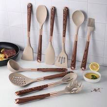 11 piezas Juego de utensilios de cocina con soporte - Juego de herramientas de cocina, mango de patrón de madera, espátula antiadherente, juego de cucharas con cubo de almacenamiento - Multicolor - Ver 5