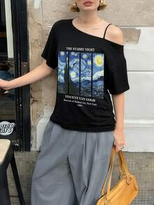 1件女士不对称露肩短袖T恤，星空印花，夏季 - 黑色 - 查看 2