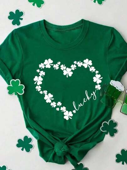 St Patricks Day Women Valentine Outfits For Women2026Women's St. Patrick's Day Clover Love Printed Green T-Shirt With "Lucky" Element Design, Casual Short Sleeved Top, Holiday Itembad Bunny Shirt  Valentines Day Outfit