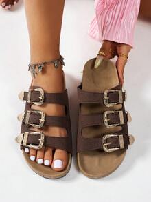 Women's Summer Casual Buckle Slide Sandals, Coffee Brown Open Toe Strap Punk Style Beach Flat Slippers - Coffee Brown - View 9