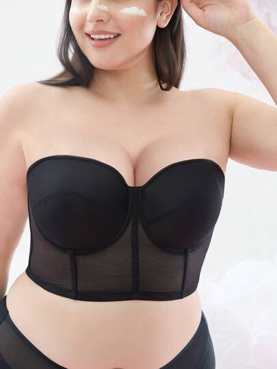 大码无肩带文胸 - 透视网纱拼接，支撑性好，穿着舒适，适合正式场合和日常穿着。