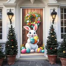 2Dflat, 1pc Easter Bunny Door Decoration Set - White Rabbit And Easter Egg Pattern, Polyester Garland Suitable For Indoor And Outdoor Decoration, Perfect For Easter Party - 1pcs - View 3