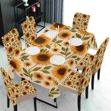 Conjunto de 1/4/5/6/7/36 peças de capas/almofadas para cadeiras com estampa de girassol e folhas verdes, da série Primavera/Verão. Ideal para uso interno em residências, restaurantes e hotéis, perfeito para uma decoração moderna e cotidiana. A toalha de mesa serve para mesas de jantar quadradas e a capa elástica para cadeira é lavável. - Multicolorido - Ver 14